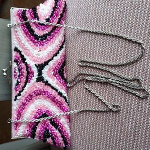 La Regale Sequined bag with long silvertone chain, EUC